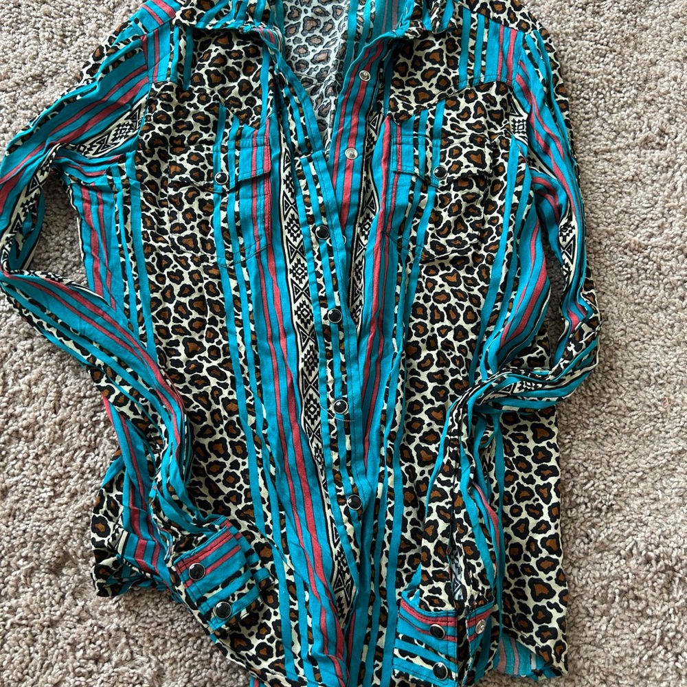 Roper Blue and Black Cheetah Graphic Button Down Shirt cowgirl